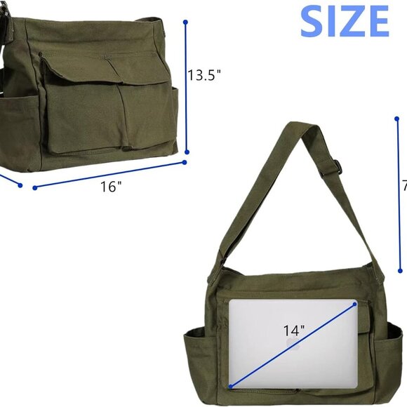 Vintage Canvas Crossbody Messenger Bag with Multiple Pockets and Hook-and-loop C - Picture 3 of 6